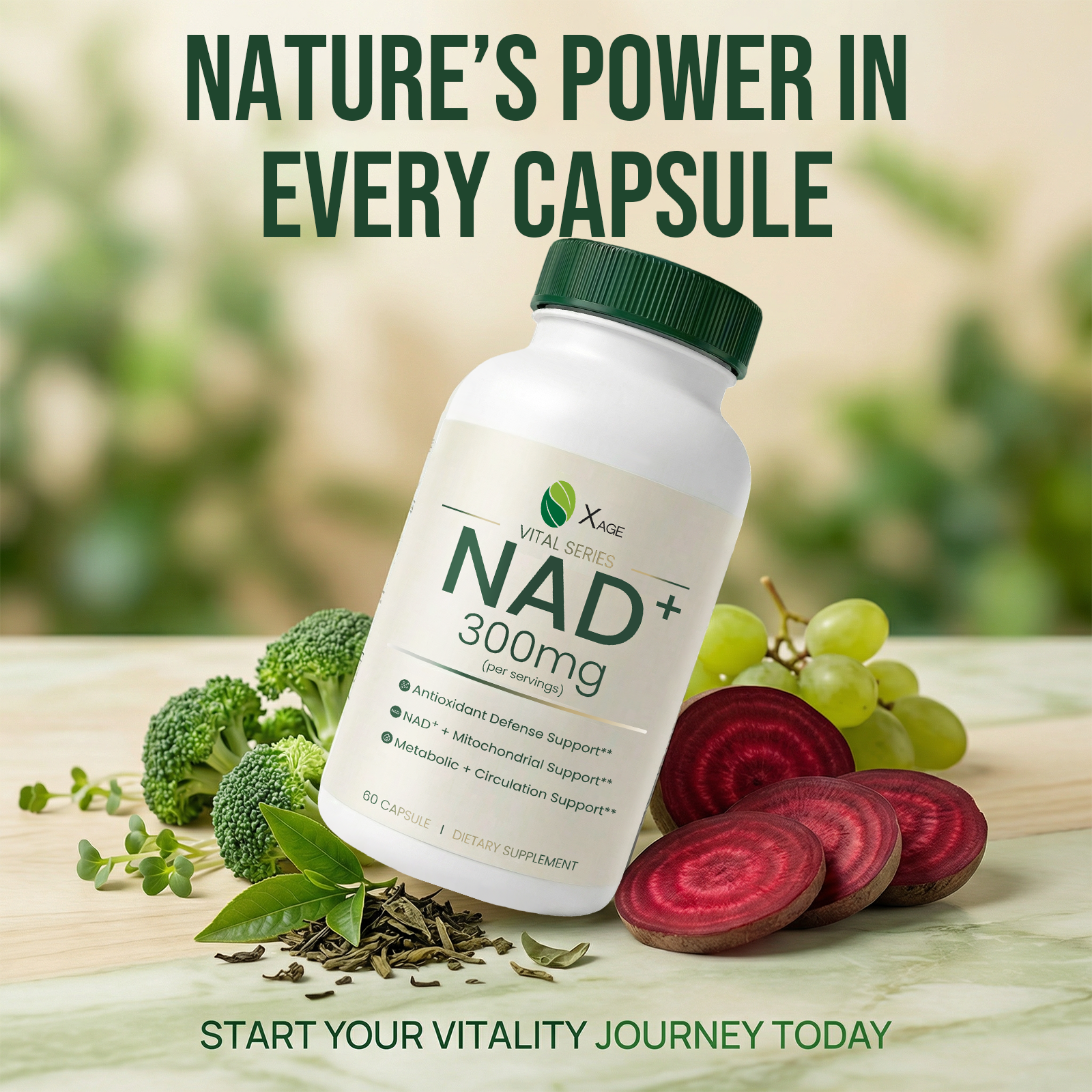 Xage NAD+ Support Supplement – 9000 mg NAD+ per Bottle with PQQ, EGCG & Broccoli Sprout Extract, Supports Cellular Energy, Mental Clarity & Antioxidant Defense, Daily Vitality Formula, 60 Vegan Capsules