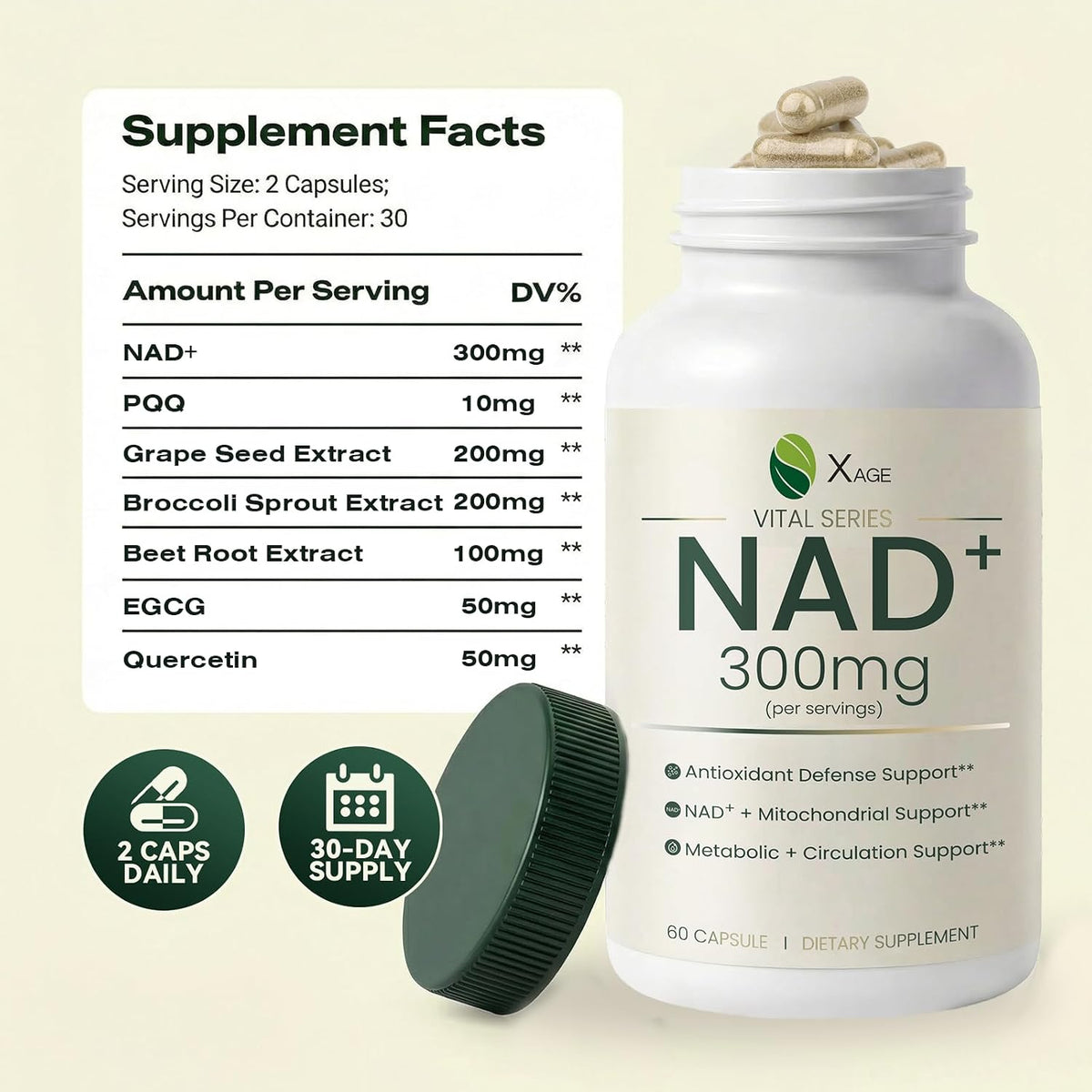 Xage NAD+ Support Supplement – 9000 mg NAD+ per Bottle with PQQ, EGCG & Broccoli Sprout Extract, Supports Cellular Energy, Mental Clarity & Antioxidant Defense, Daily Vitality Formula, 60 Vegan Capsules