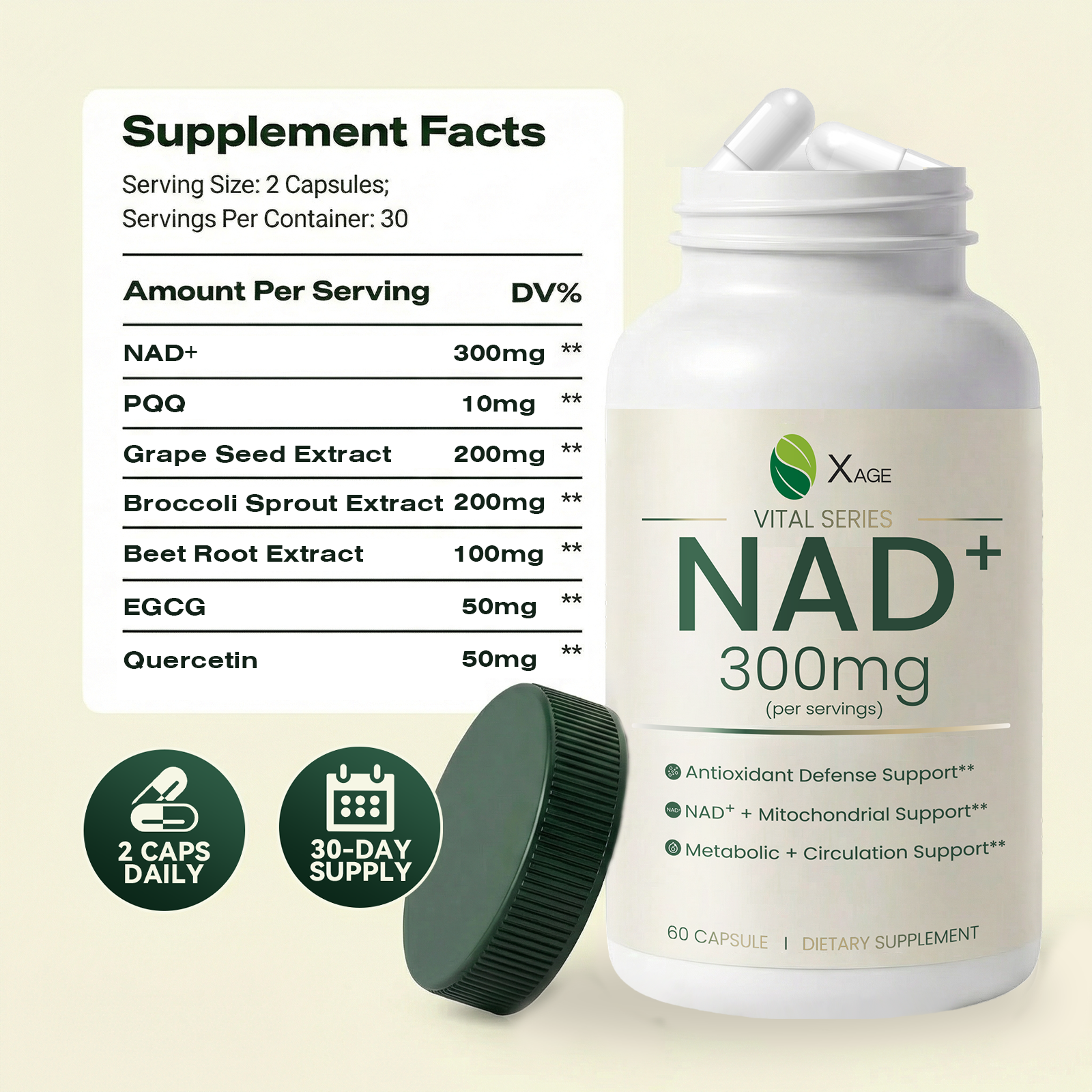 Xage NAD+ Support Supplement – 9000 mg NAD+ per Bottle with PQQ, EGCG & Broccoli Sprout Extract, Supports Cellular Energy, Mental Clarity & Antioxidant Defense, Daily Vitality Formula, 60 Vegan Capsules
