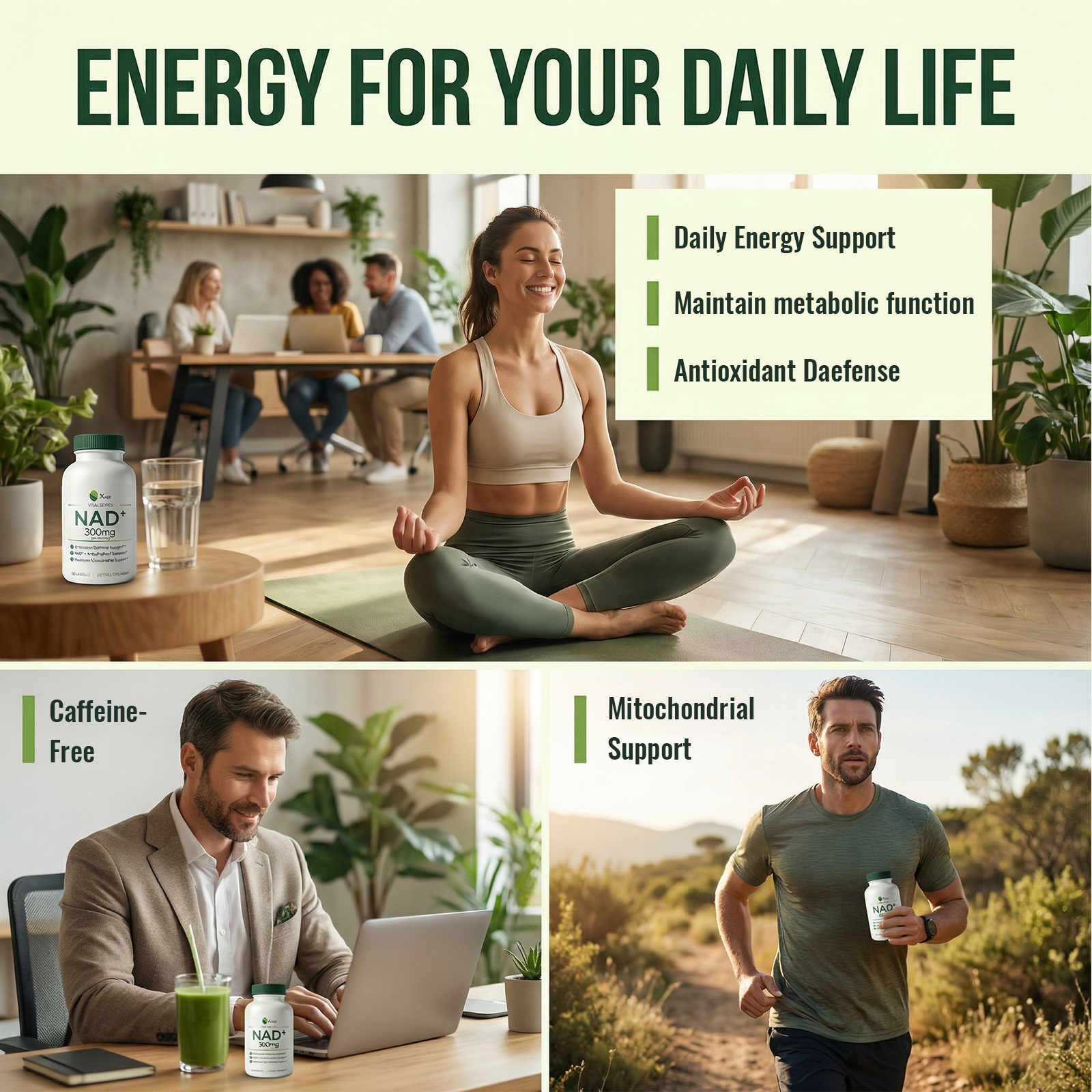 Xage NAD+ Support Supplement – 9000 mg NAD+ per Bottle with PQQ, EGCG & Broccoli Sprout Extract, Supports Cellular Energy, Mental Clarity & Antioxidant Defense, Daily Vitality Formula, 60 Vegan Capsules