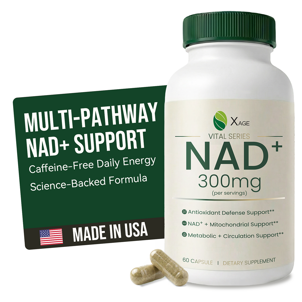 Xage NAD+ Support Supplement – 9000 mg NAD+ per Bottle with PQQ, EGCG & Broccoli Sprout Extract, Supports Cellular Energy, Mental Clarity & Antioxidant Defense, Daily Vitality Formula, 60 Vegan Capsules