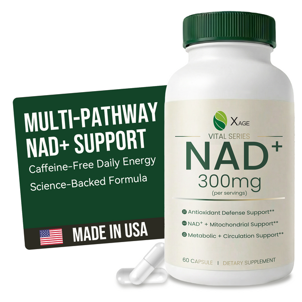 Xage NAD+ Support Supplement – 9000 mg NAD+ per Bottle with PQQ, EGCG & Broccoli Sprout Extract, Supports Cellular Energy, Mental Clarity & Antioxidant Defense, Daily Vitality Formula, 60 Vegan Capsules