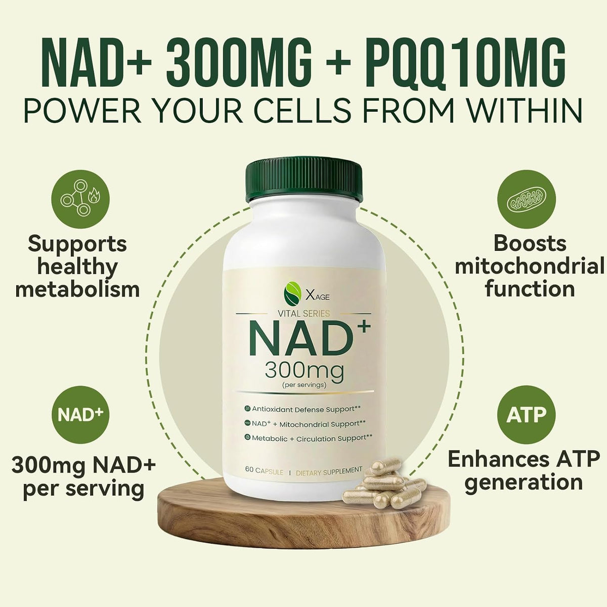 Xage NAD+ Support Supplement – 9000 mg NAD+ per Bottle with PQQ, EGCG & Broccoli Sprout Extract, Supports Cellular Energy, Mental Clarity & Antioxidant Defense, Daily Vitality Formula, 60 Vegan Capsules