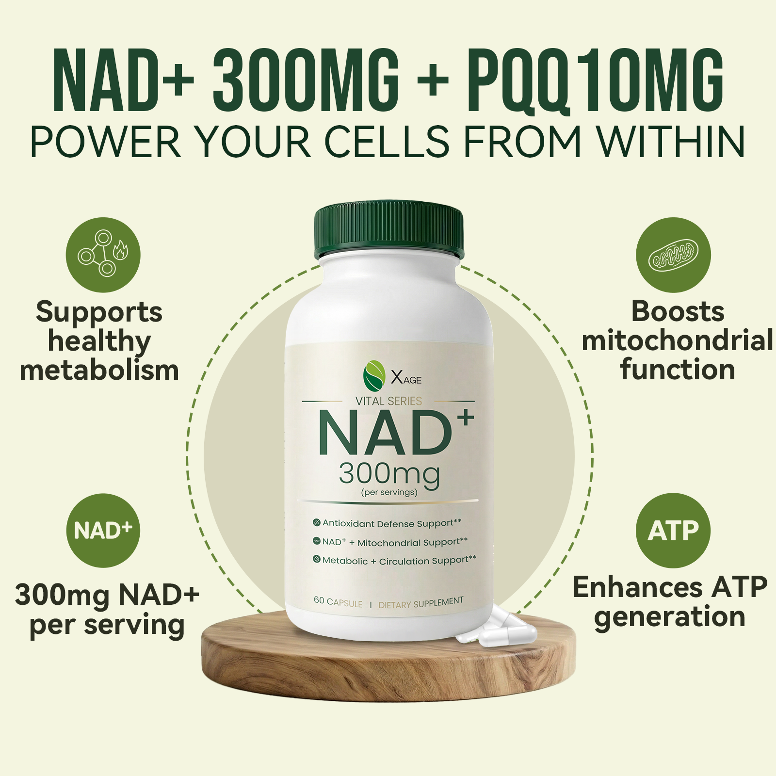 Xage NAD+ Support Supplement – 9000 mg NAD+ per Bottle with PQQ, EGCG & Broccoli Sprout Extract, Supports Cellular Energy, Mental Clarity & Antioxidant Defense, Daily Vitality Formula, 60 Vegan Capsules