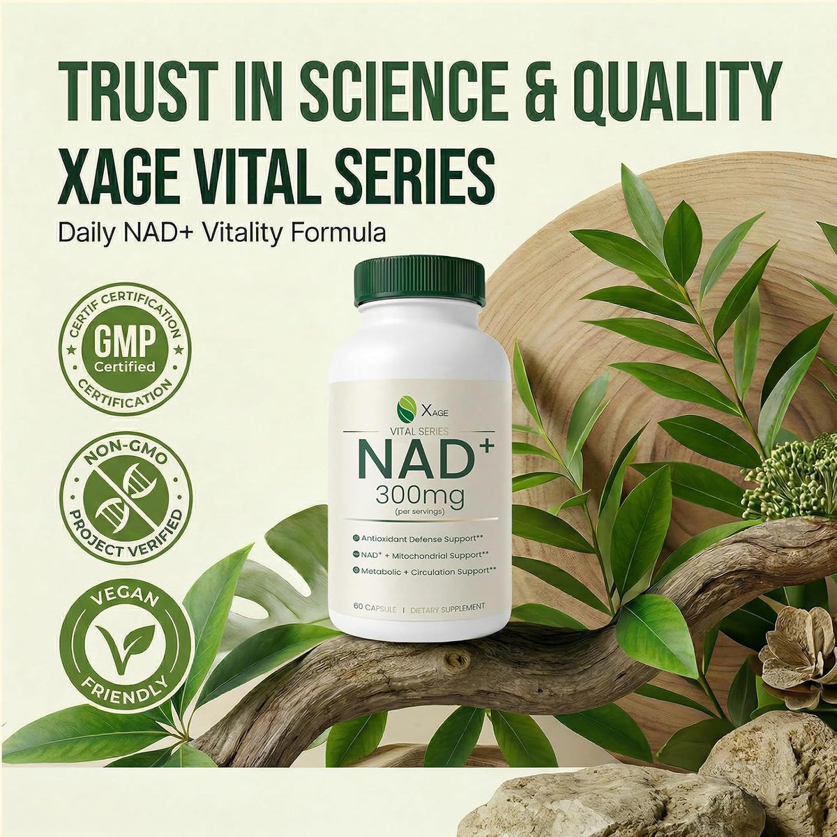 Xage NAD+ Support Supplement – 9000 mg NAD+ per Bottle with PQQ, EGCG & Broccoli Sprout Extract, Supports Cellular Energy, Mental Clarity & Antioxidant Defense, Daily Vitality Formula, 60 Vegan Capsules