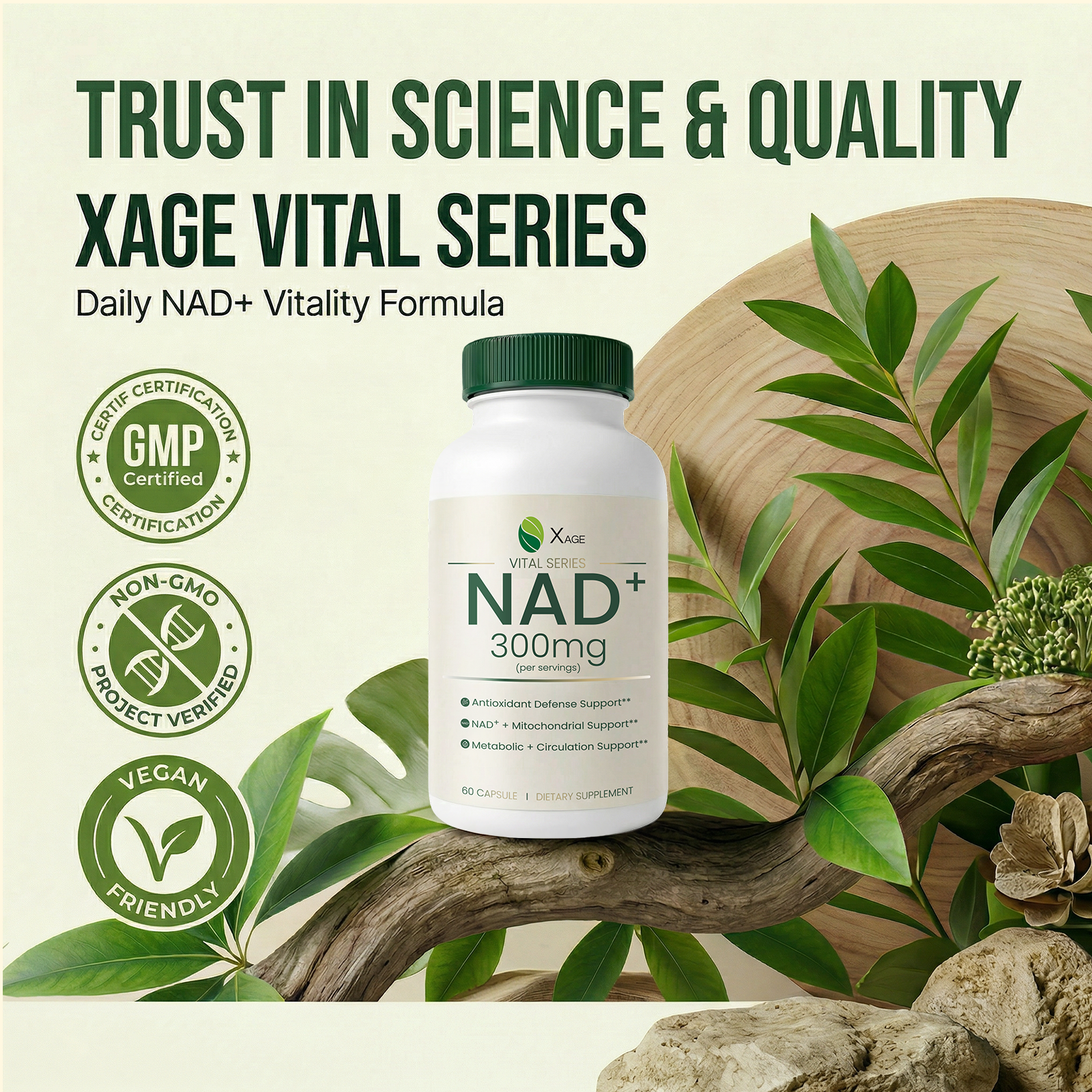Xage NAD+ Support Supplement – 9000 mg NAD+ per Bottle with PQQ, EGCG & Broccoli Sprout Extract, Supports Cellular Energy, Mental Clarity & Antioxidant Defense, Daily Vitality Formula, 60 Vegan Capsules