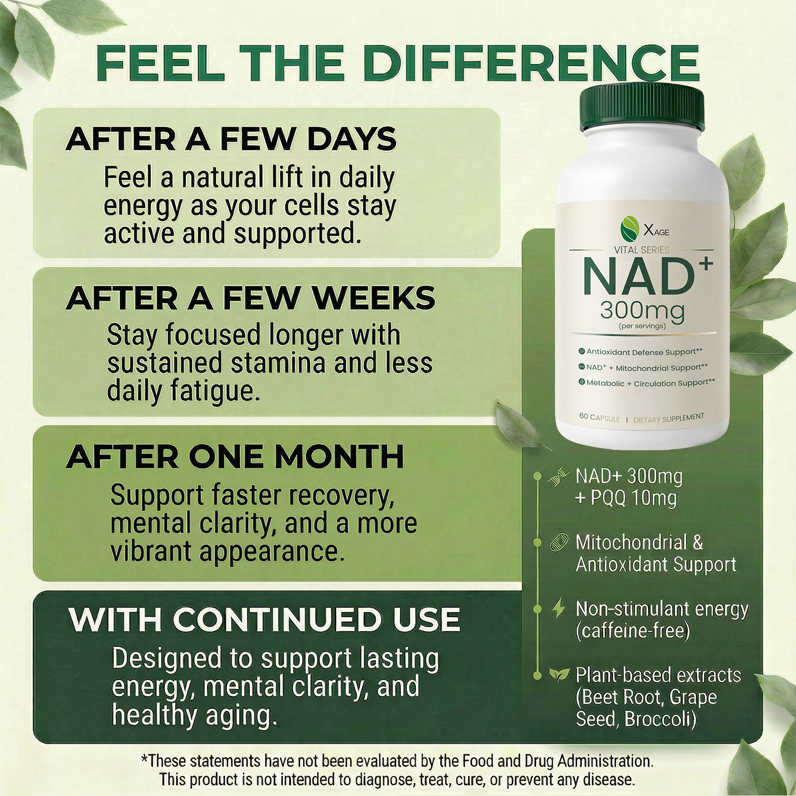 Xage NAD+ Support Supplement – 9000 mg NAD+ per Bottle with PQQ, EGCG & Broccoli Sprout Extract, Supports Cellular Energy, Mental Clarity & Antioxidant Defense, Daily Vitality Formula, 60 Vegan Capsules