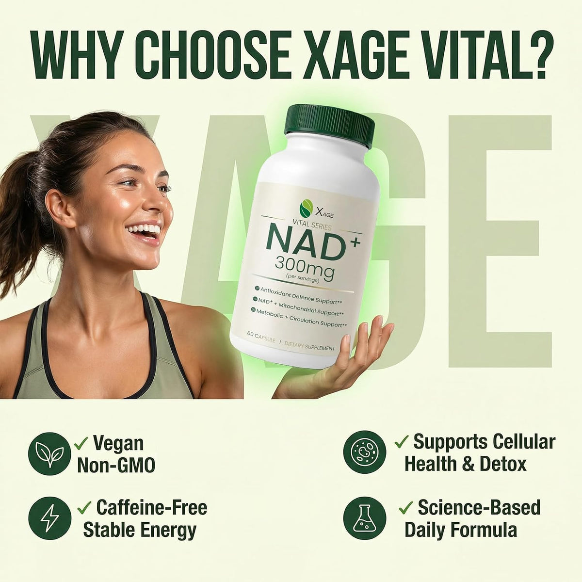Xage NAD+ Support Supplement – 9000 mg NAD+ per Bottle with PQQ, EGCG & Broccoli Sprout Extract, Supports Cellular Energy, Mental Clarity & Antioxidant Defense, Daily Vitality Formula, 60 Vegan Capsules
