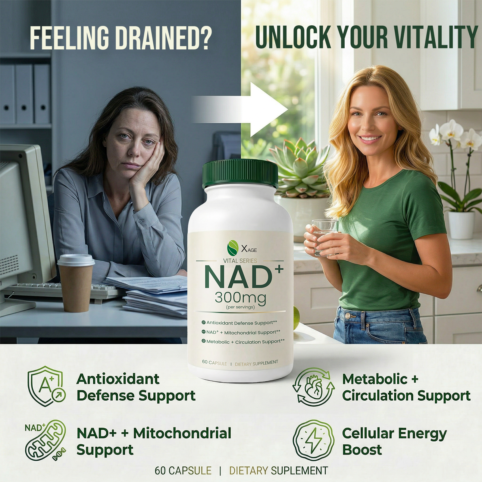 Xage NAD+ Support Supplement – 9000 mg NAD+ per Bottle with PQQ, EGCG & Broccoli Sprout Extract, Supports Cellular Energy, Mental Clarity & Antioxidant Defense, Daily Vitality Formula, 60 Vegan Capsules