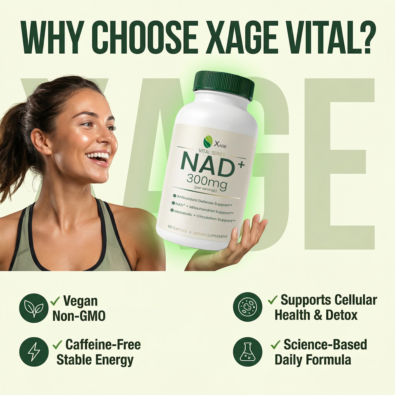 Xage NAD+ Support Supplement – 9000 mg NAD+ per Bottle with PQQ, EGCG & Broccoli Sprout Extract, Supports Cellular Energy, Mental Clarity & Antioxidant Defense, Daily Vitality Formula, 60 Vegan Capsules