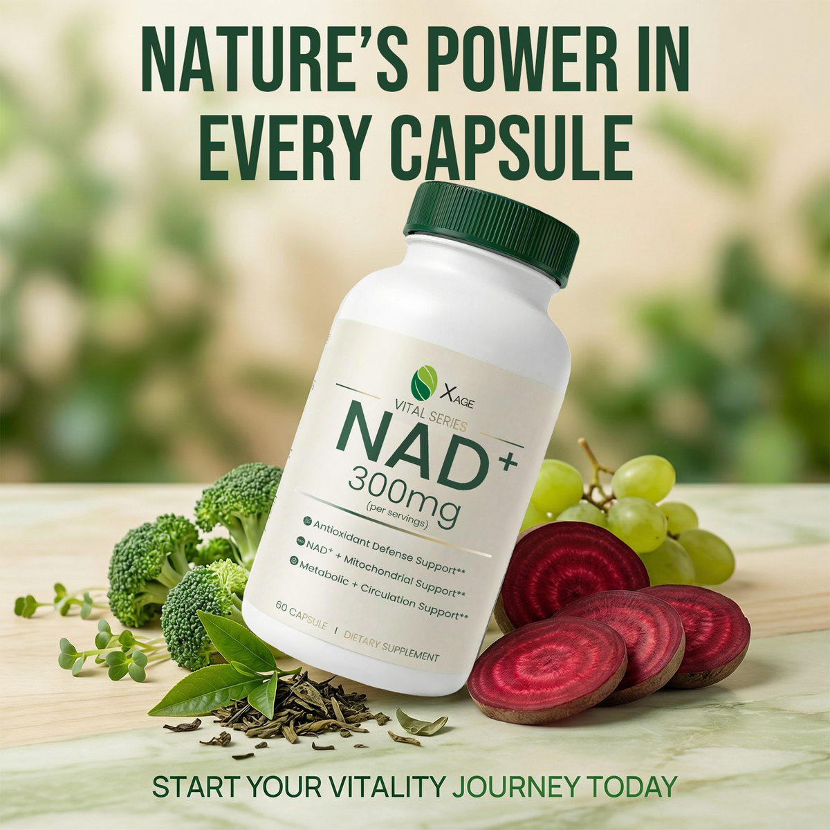Xage NAD+ Support Supplement – 9000 mg NAD+ per Bottle with PQQ, EGCG & Broccoli Sprout Extract, Supports Cellular Energy, Mental Clarity & Antioxidant Defense, Daily Vitality Formula, 60 Vegan Capsules
